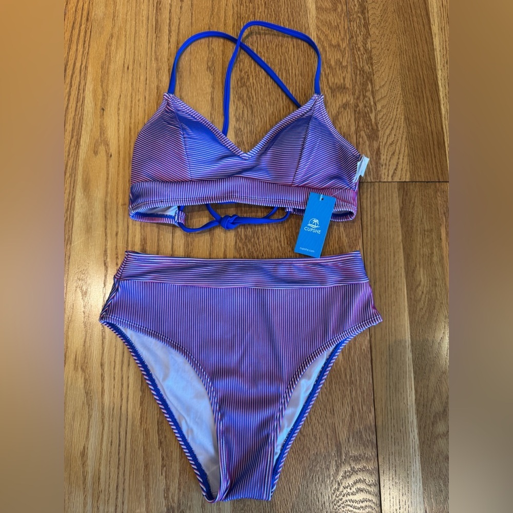 Cupshe NWT Vibrant Striped Bikini Set in Blue and Pink - Picture 2 of 7